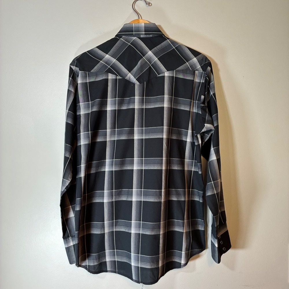Wrangler Mens Black Grey Plaid Western Snap Shirt X-Long Tails 16-35 Medium - Picture 2 of 5